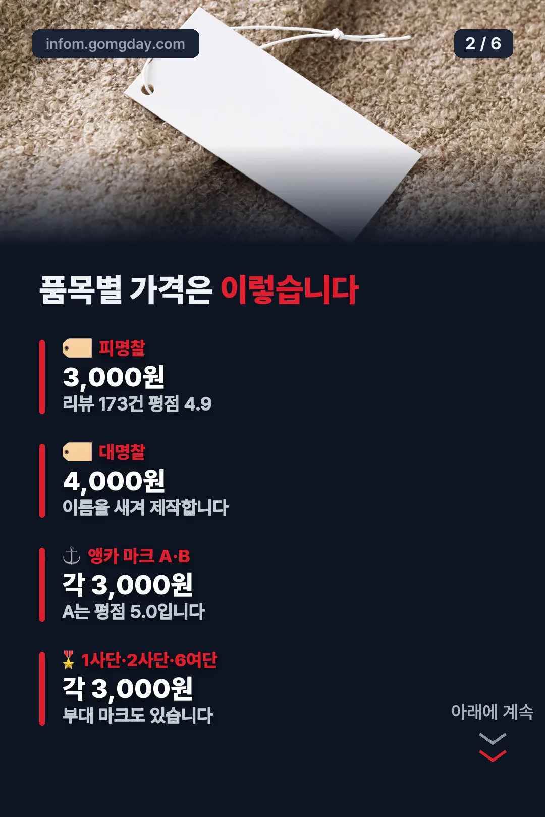 품목별 가격표